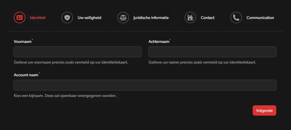 Snel formulier om een spelersaccount aan te maken
